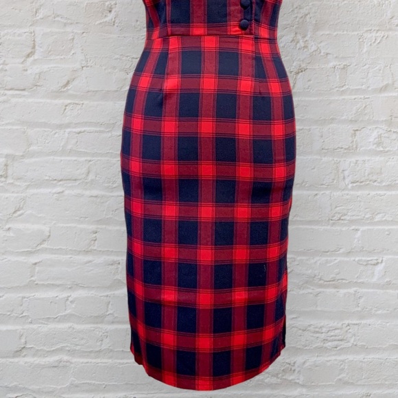 NWT Voodoo Vixen Joan Red Navy Plaid Wiggle Dress Pin Up Rockabilly Kick Pleat - Picture 4 of 14